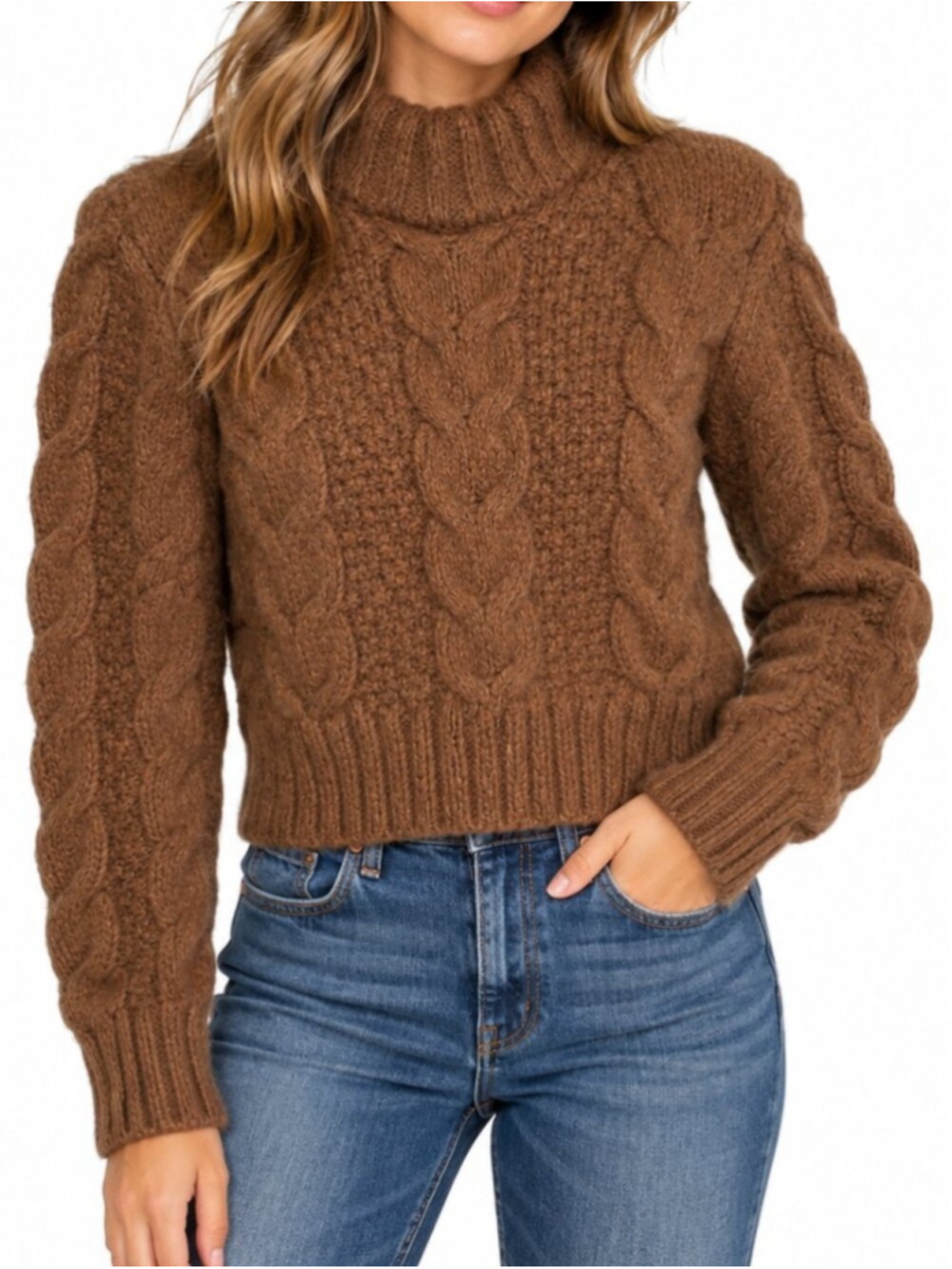 AMERICAN EAGLE Mock Neck Cable Knit Sweater Chocolate Brown XS Chunky Neutral